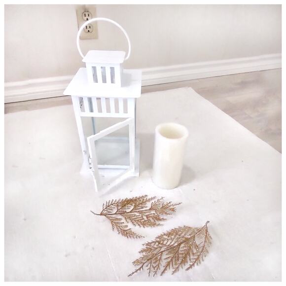 White Metal & Glass Lantern with Automated Candle Home Decor Holiday Lighting - Picture 6 of 6